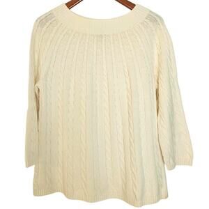 Talbot's Cream White Cable Knit Cotton Pullover Sweater with 3/4 Sleeves